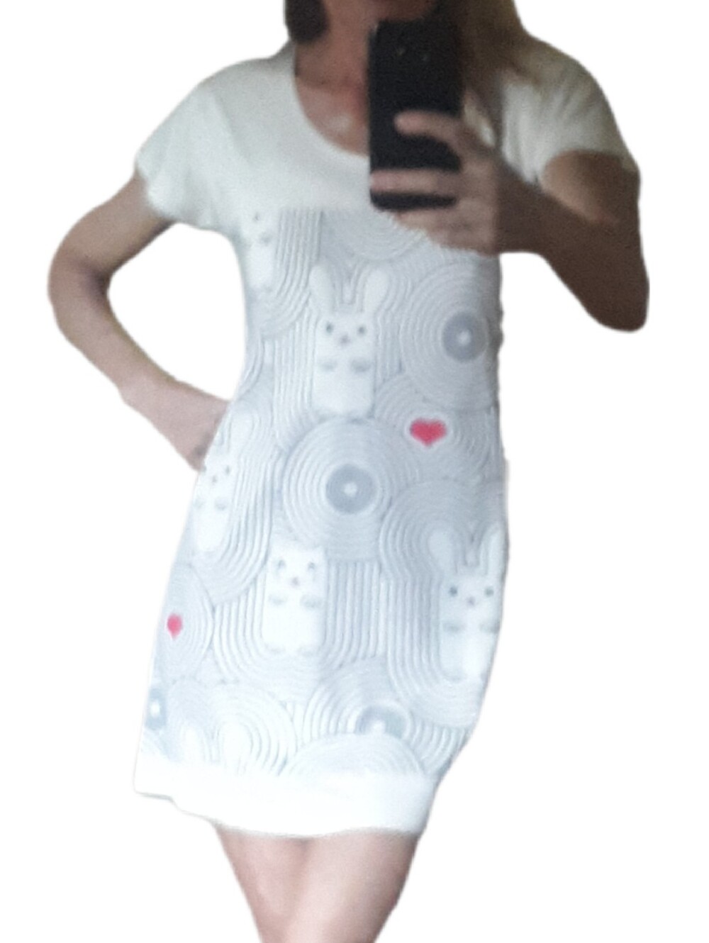 White Short Sleeve Shift Dress with Bunny Print and Heart Accents